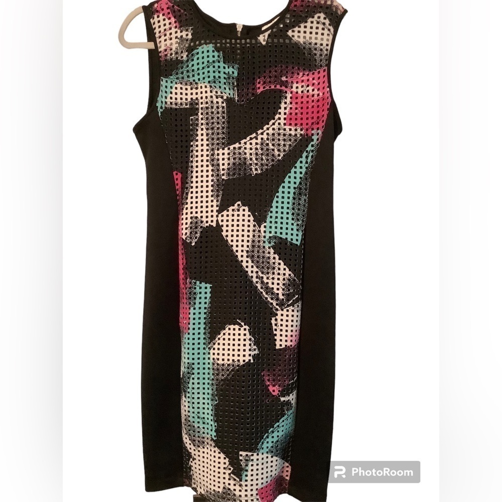 Bisou Bisou shift dress,size 10.  Black, cutout overlay with abstract design.Y2K